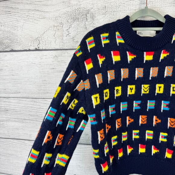 Tory Burch Women's Navy Colorful Flag Wool Blend Sweater Size XS - Picture 8 of 8